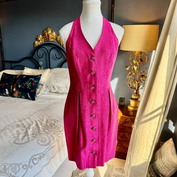 90s Vintage Fuchsia Pink Buttoned Back Cutout Mini Dress - Picture 1 of 14